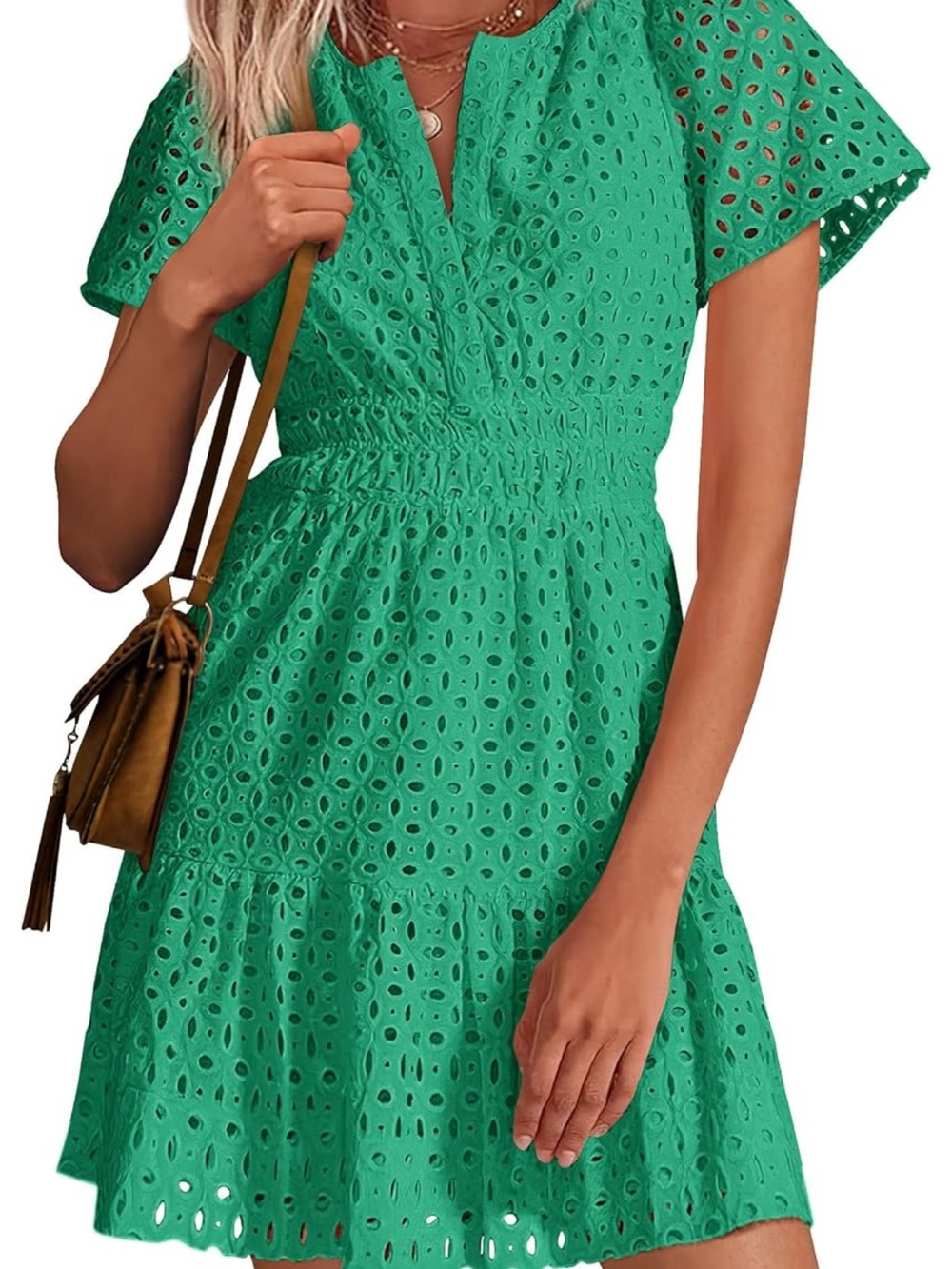 Green Eyelet Short Sleeve Dress